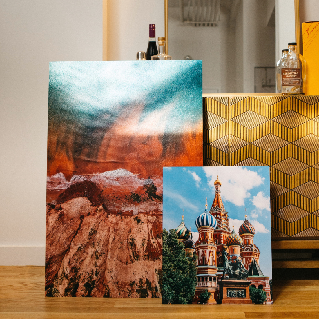 Vibrant landscape and architectural aluminum photo prints featuring red rock canyon and colorful Russian cathedral, custom metal wall art by Aluminyze