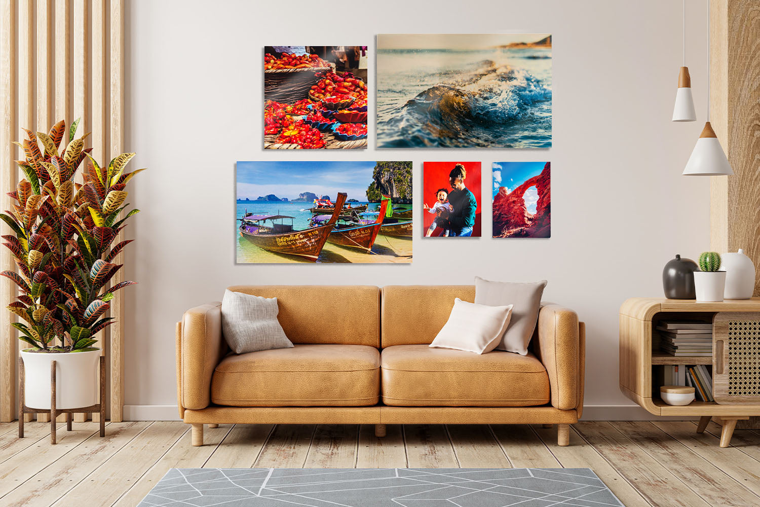 Colorful aluminum metal photo prints gallery wall showcasing travel, nature, and culture — custom aluminum prints photo collage by Aluminyze, perfect for modern living room decor.