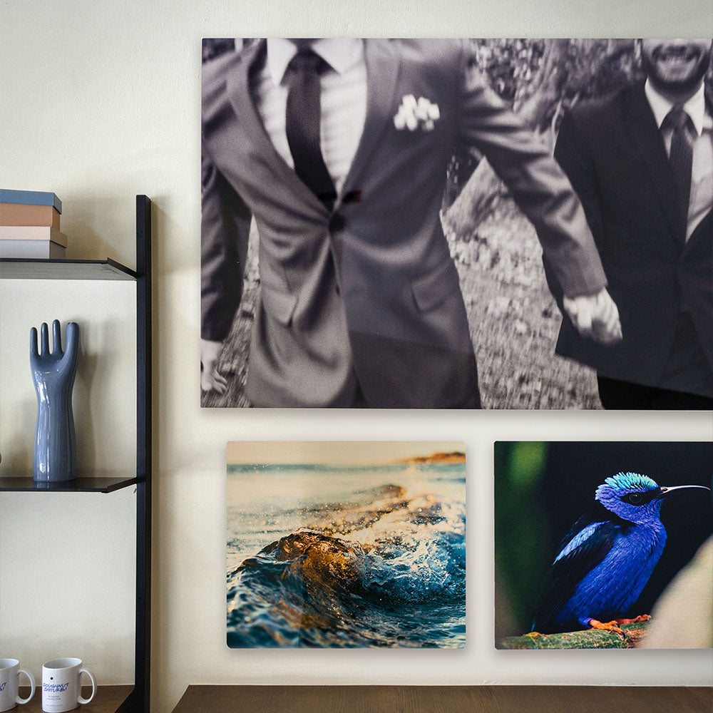 Gallery wall of custom metal photo prints featuring black and white wedding portrait, ocean wave, and exotic bird – modern aluminum photo display