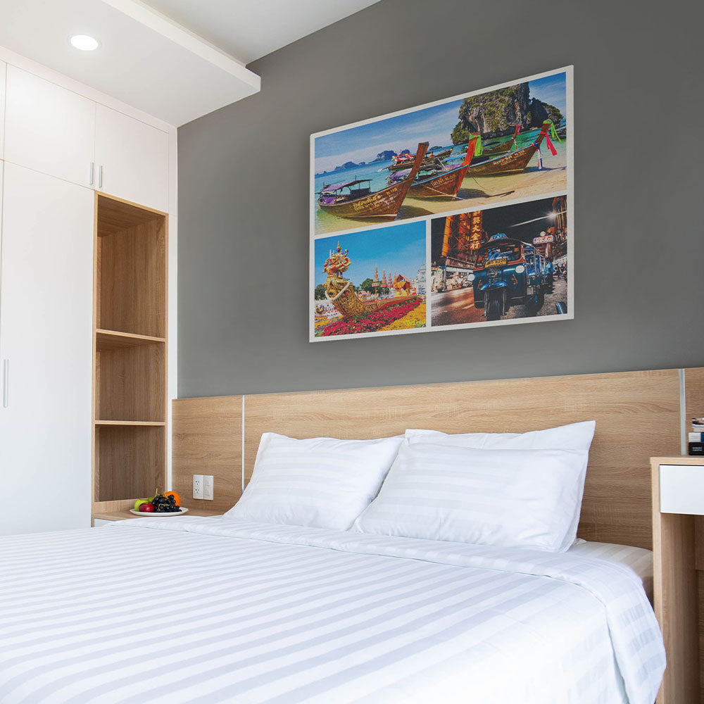 Custom Thailand travel collage metal print above modern hotel-style bed – premium aluminum photo wall art for bedrooms