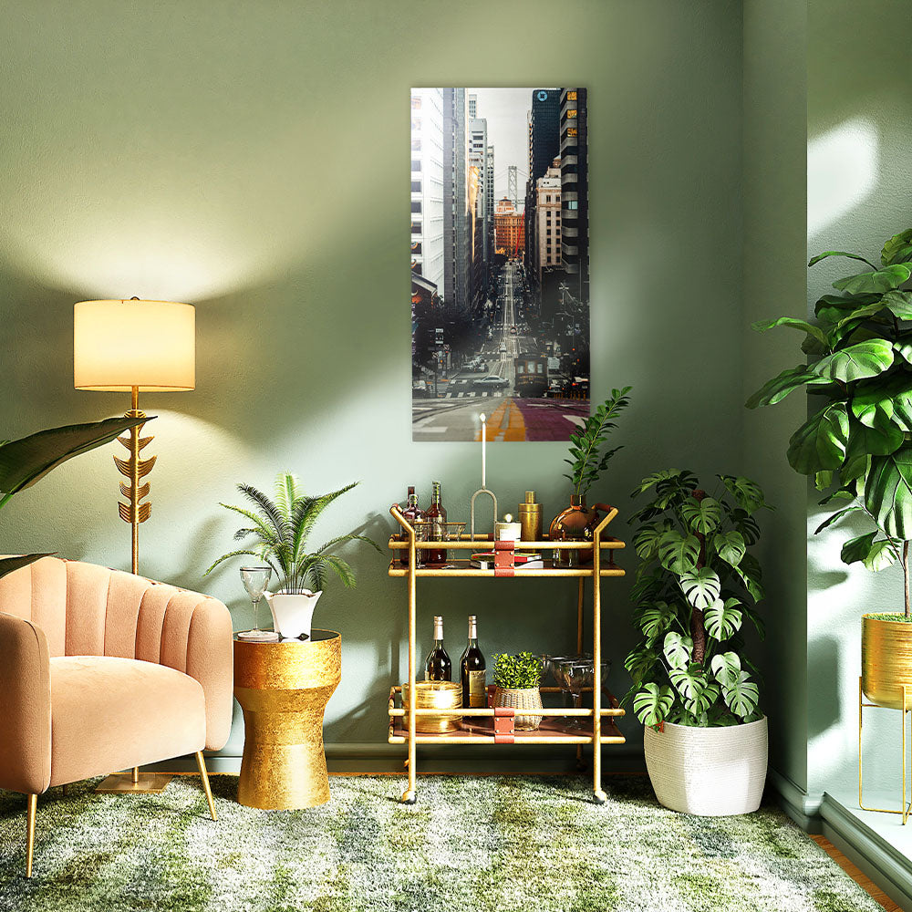Stylish home bar setup with vertical aluminum cityscape print – modern metal wall art in mid-century inspired living room