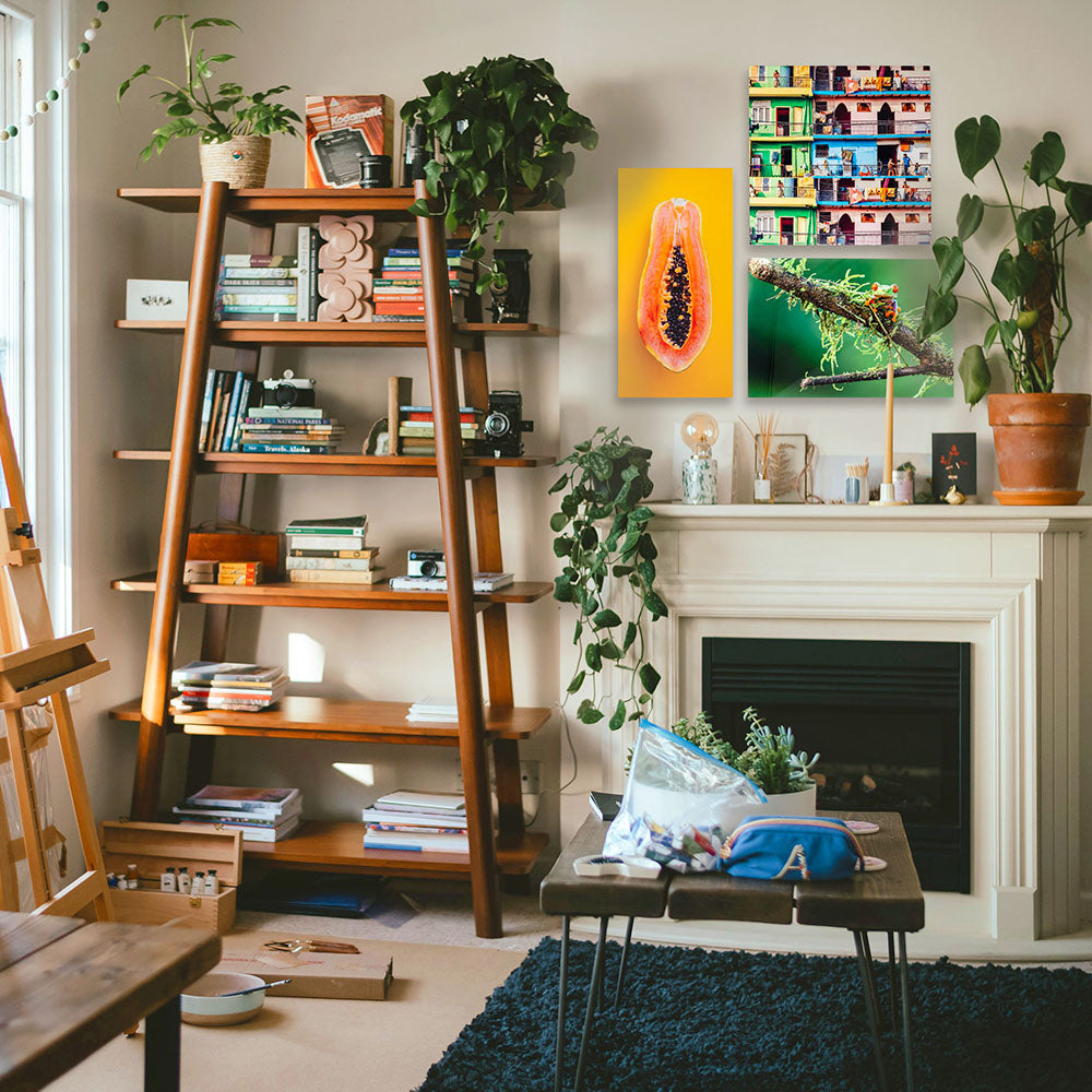 Colorful custom metal photo prints above fireplace in cozy home library – modern aluminum wall art with tropical and travel photography