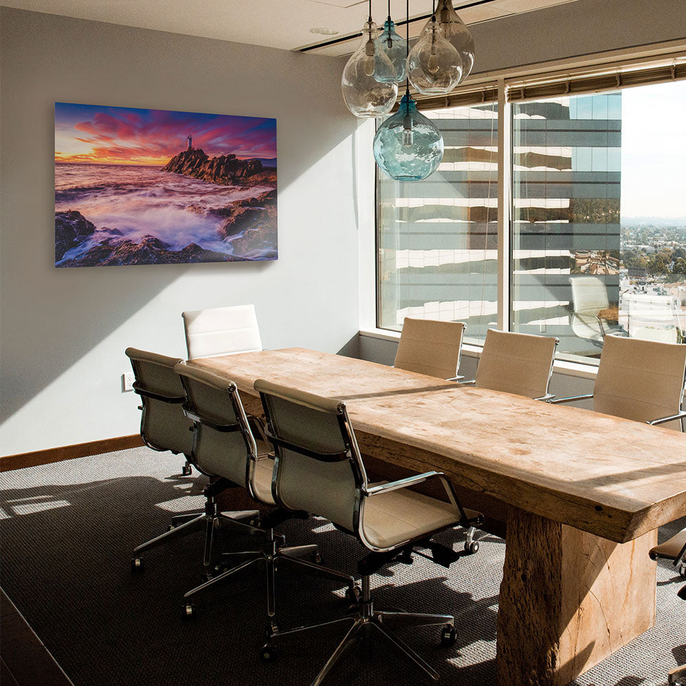 Stunning aluminum metal print of a vibrant ocean sunset mounted in a modern office conference room — professional aluminum wall art by Aluminyze for corporate spaces.
