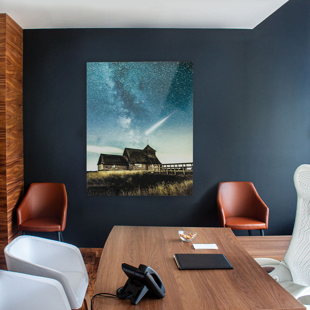 Stunning aluminum print of a shooting star over a rustic cabin under the Milky Way — high-definition aluminum metal photo print by Aluminyze for modern office wall décor.