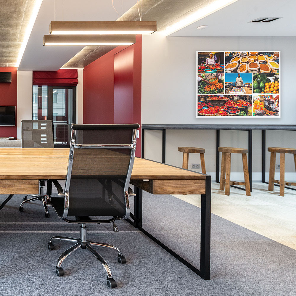 Colorful aluminum photo print collage of international food markets displayed in a contemporary office — custom aluminum prints by Aluminyze for vibrant commercial wall art.