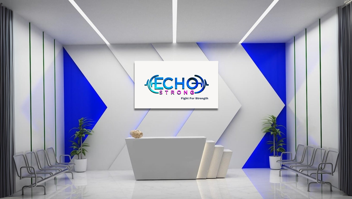 Modern lobby showcasing a custom aluminum photo print of a bold gym logo, perfect for businesses using aluminum metal prints, personalized metal photos, and professional photo printing on aluminum for high-impact branding displays.