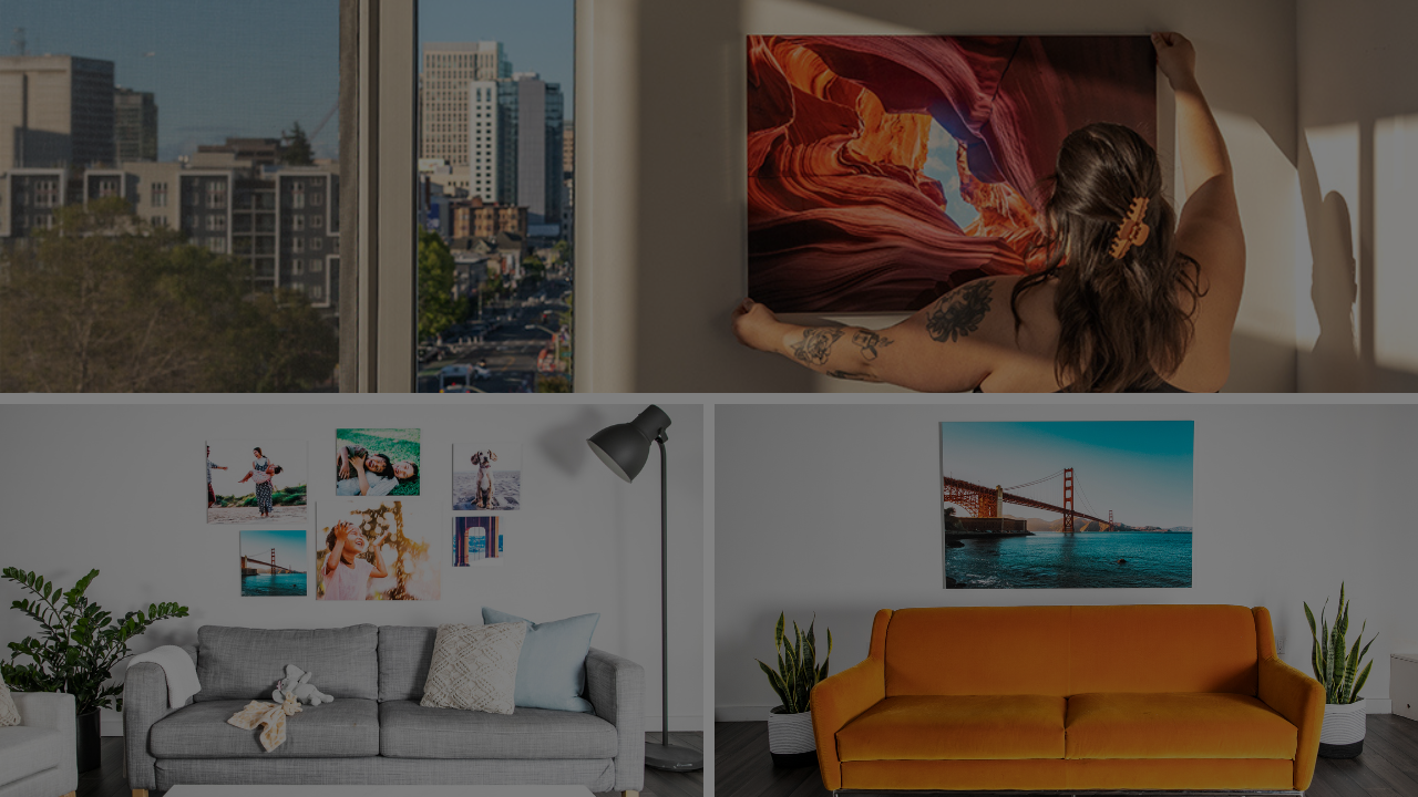 Modern home interiors showcasing personalized aluminum photo prints by Aluminyze — vibrant metal wall art with family memories and scenic landscapes printed on aluminum panels.