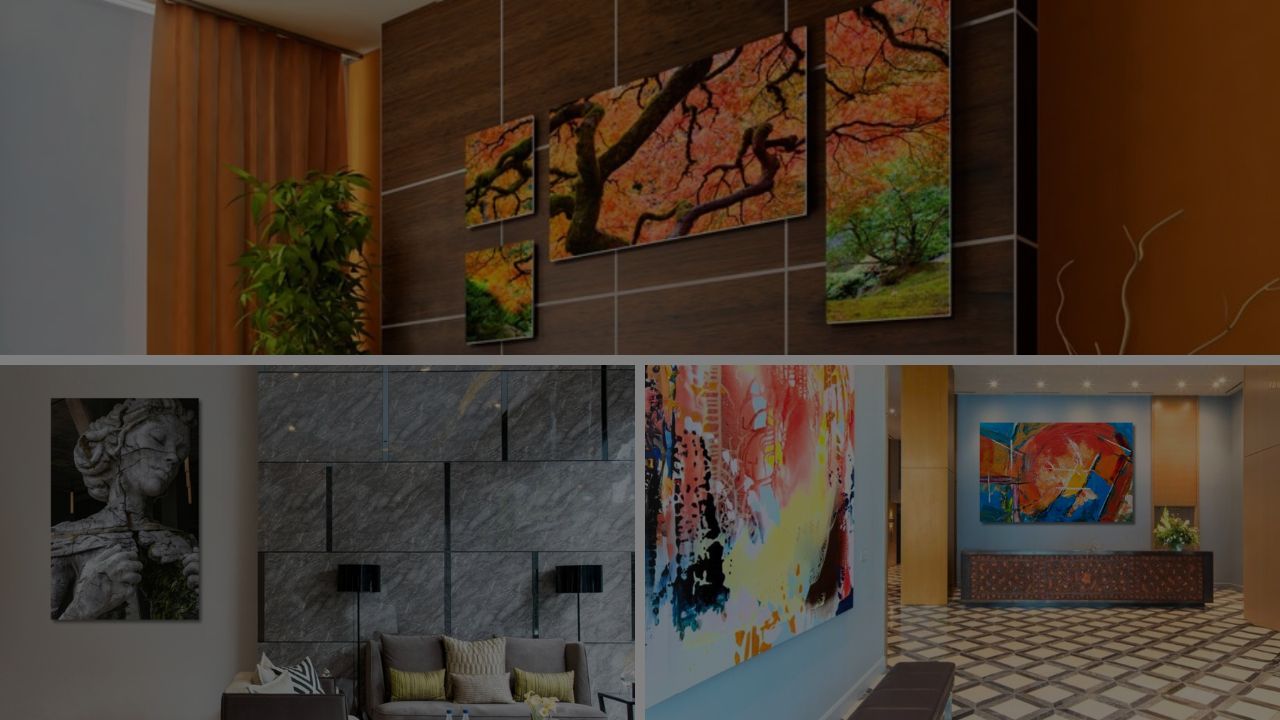 Custom aluminum metal prints featuring nature photography, modern abstract artwork, and sculpture displayed in luxury office and hotel lobbies—highlighting personalized metal wall art, aluminium photo prints, and professional aluminum photo printing by Aluminyze.