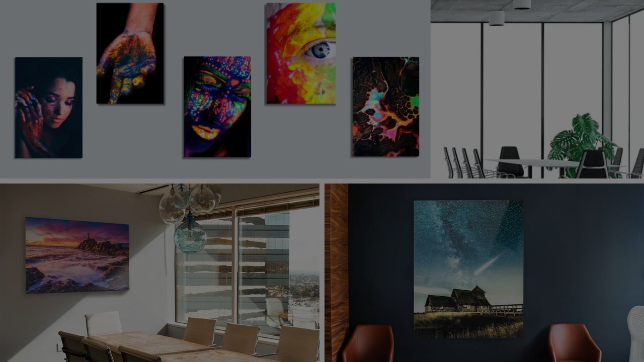 Vibrant and dramatic aluminum photo prints displayed in modern office and gallery settings, showcasing professional metal prints, custom aluminum printing, and high-definition panoramic photo prints on metal for bold interior wall art.